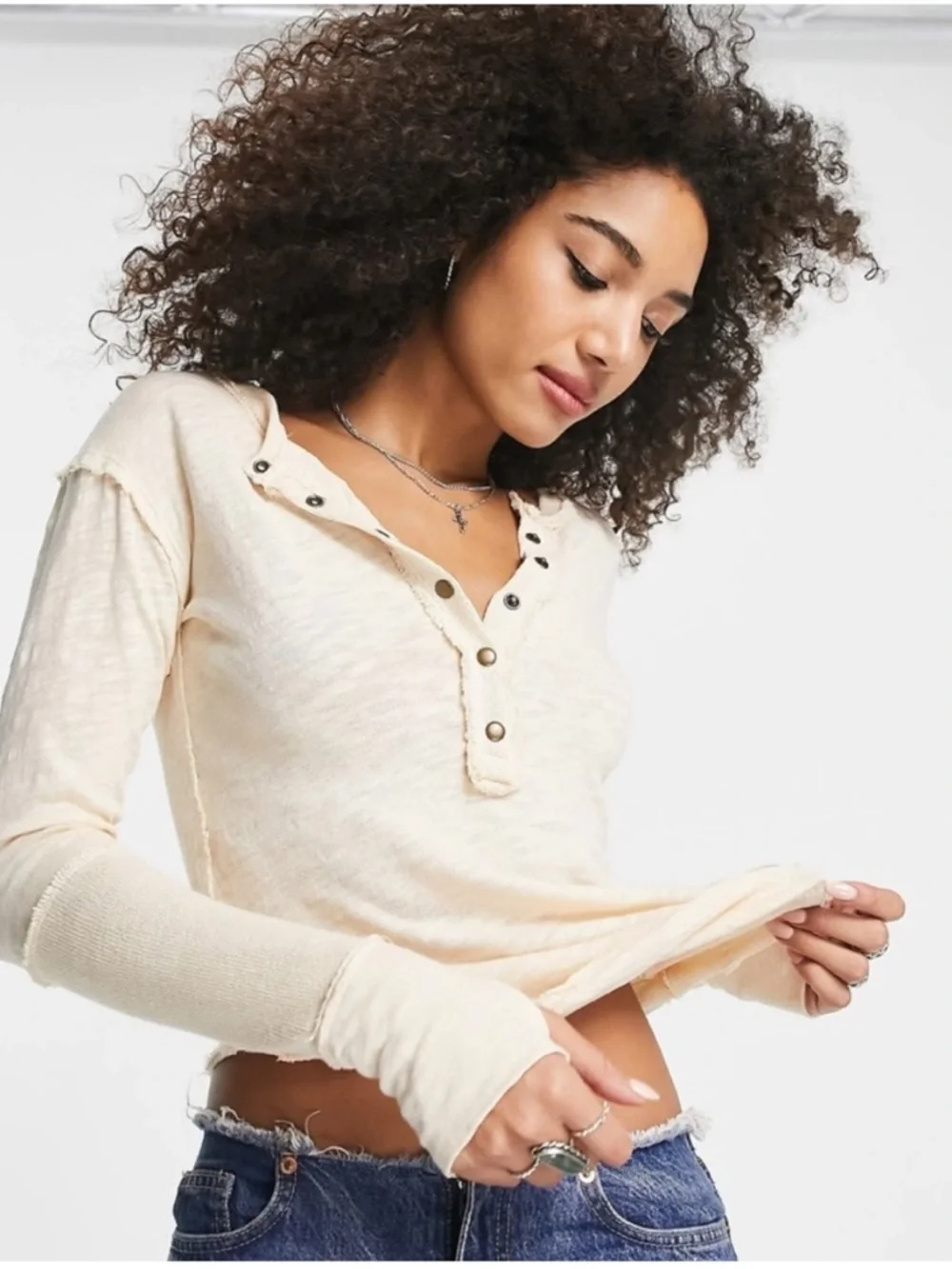 Free People Phoebe Button Henley Cream Small